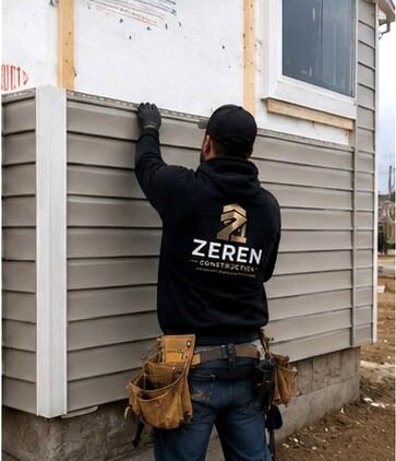 Vinyl siding boards being fitted over house wrap on a detached home